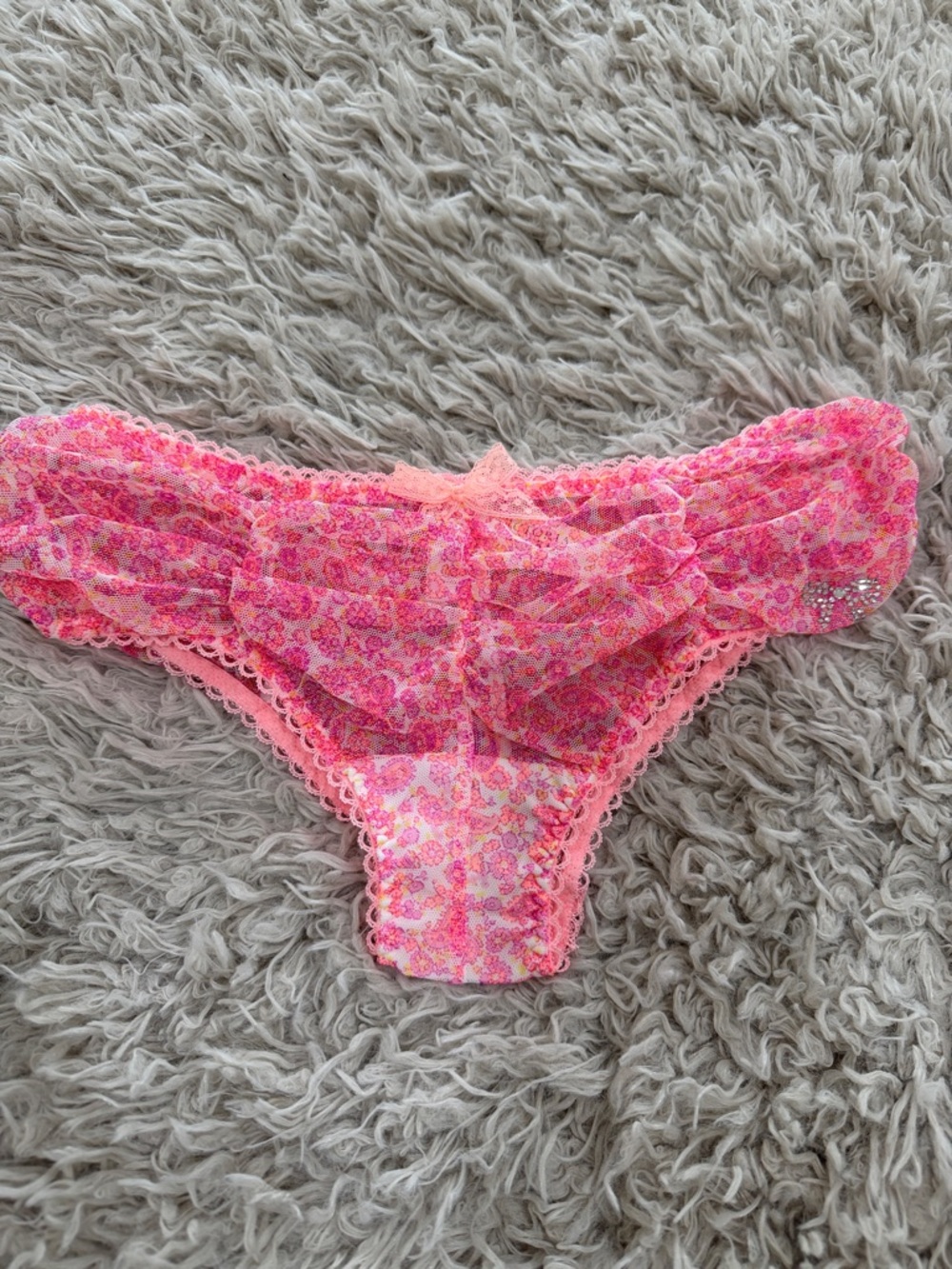 NWT Victoria’s Secret Rhinestone Bow Mesh Floral Sheer Cheekini Small VTG Y2K